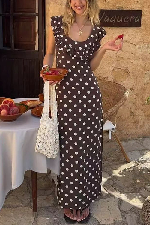 U Neck Ruffle Detail Polka Dot Maxi Dress