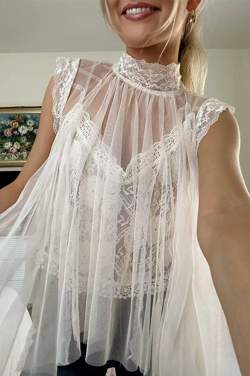 Mockneck Tulle Cover Up Top with Lace Camisole