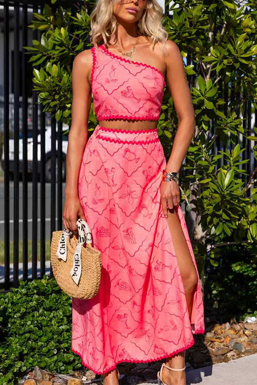 High Rise Printed Ric Rac Trim Maxi Skirt