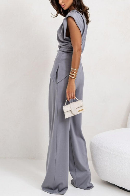 Margovil Ruched Asymmetrical Top and Wide Leg Pants Set