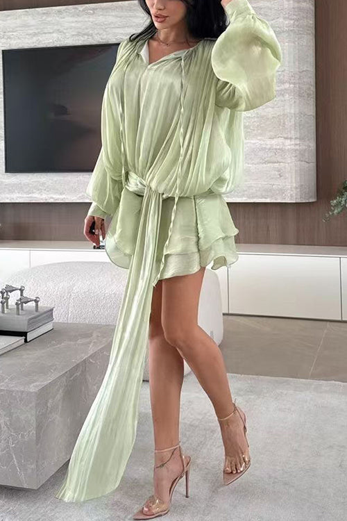 Margovil Lantern Long Sleeves Draped Ruffle Layered Mini Dress with Shorts