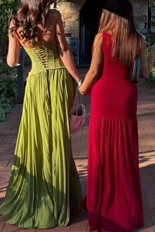 Margovil Halter Neck Back Lace-up Pleated Maxi Dress