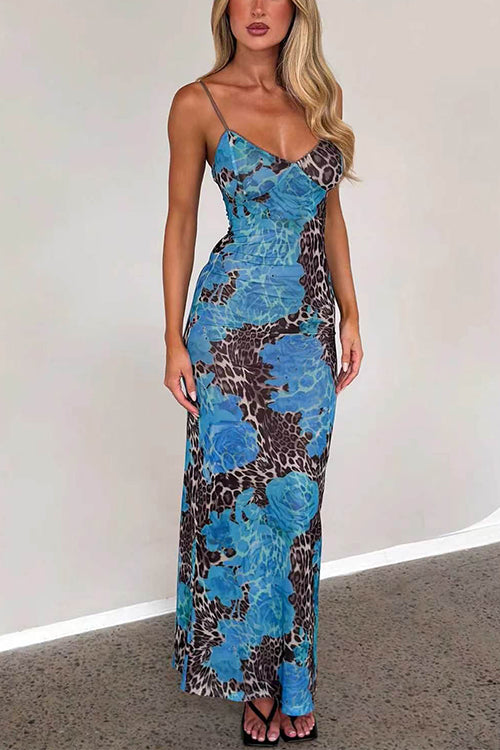 Margovil V Neck Color Block Leopard Print Maxi Cami Dress