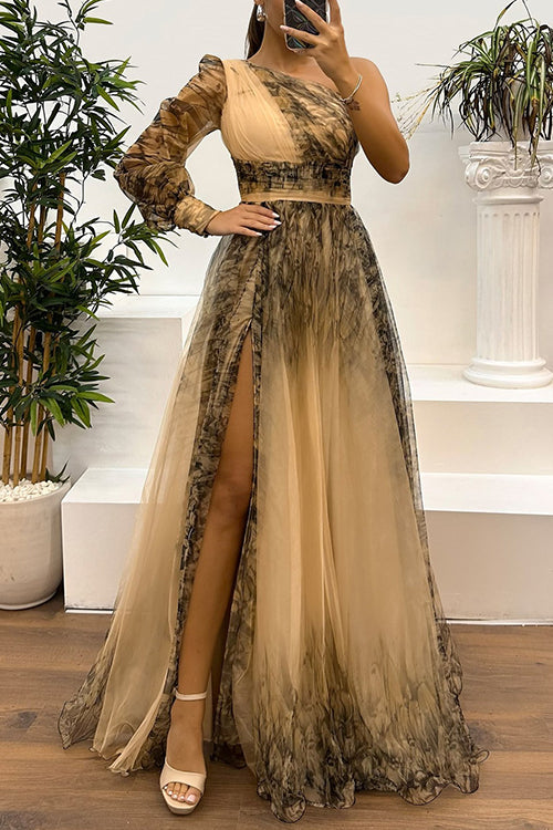 Margovil One Shoulder Long Sleeve Printed Mesh High Slit Maxi Dress