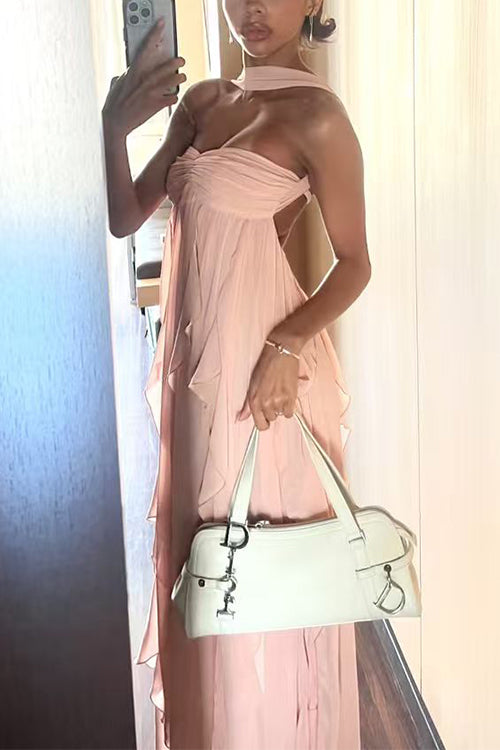 Margovil Sleeveless Open Back Ruffle Trim Slit Maxi Dress