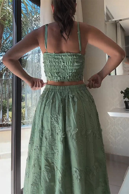 Margovil Embroidery Crop Cami Top and Elastic Waist Swing Maxi Skirt Set