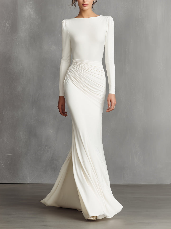 Women's White Elegant Satin Ruched Mermaid Maxi Dress MDA0910I5I