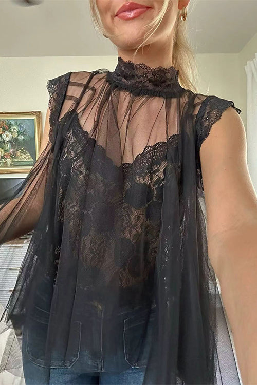 Mockneck Tulle Cover Up Top with Lace Camisole