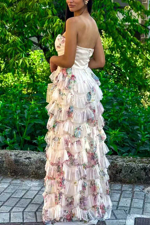 Strapless Floral Print Ruffle Layered Maxi Dress