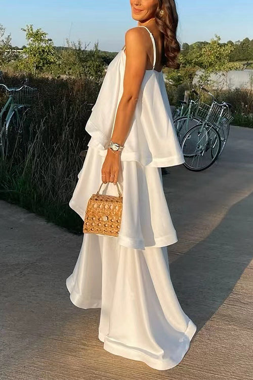 Margovil Spaghetti Strap Ruffle Layered Satin Maxi Dress