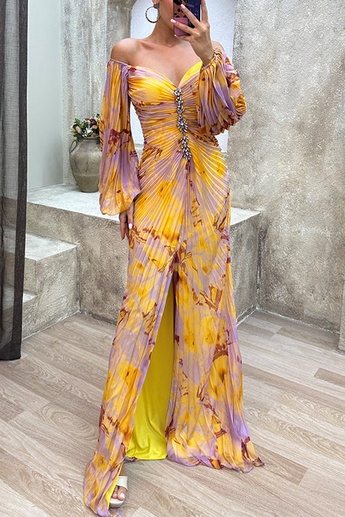Margovil Off Shoulder Lantern Long Sleeves Printed Slit Pleated Maxi Dress