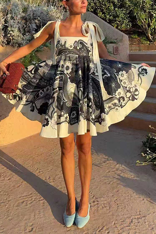Margovil Bow Shoulder Sleeveless High Waist Floral Print Mini Dress