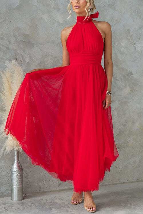Margovil Bow Knot Halter Open Back Tulle Maxi Dress