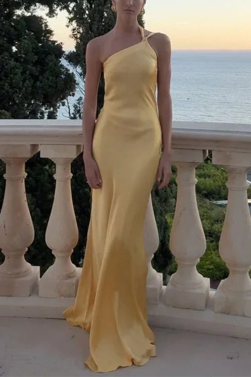 Margovil One Shoulder Open Back Tie Knot Satin Maxi Dress