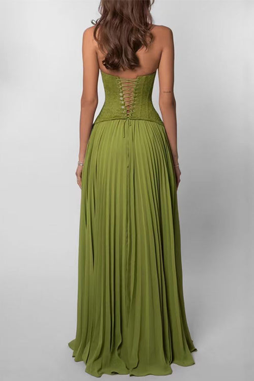 Margovil Halter Neck Back Lace-up Pleated Maxi Dress