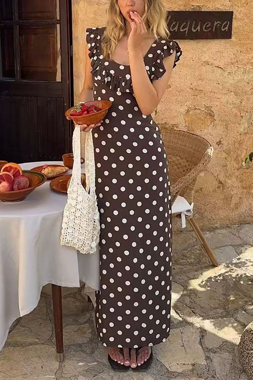U Neck Ruffle Detail Polka Dot Maxi Dress