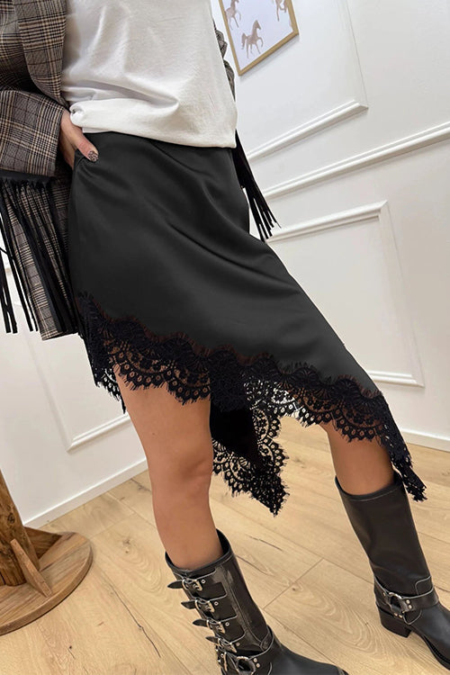 Margovil Lace Trim Side Slit Irregular Satin Skirt