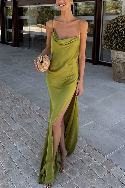Margovil High Slit Back Drape Cascading Satin Maxi Cami Dress