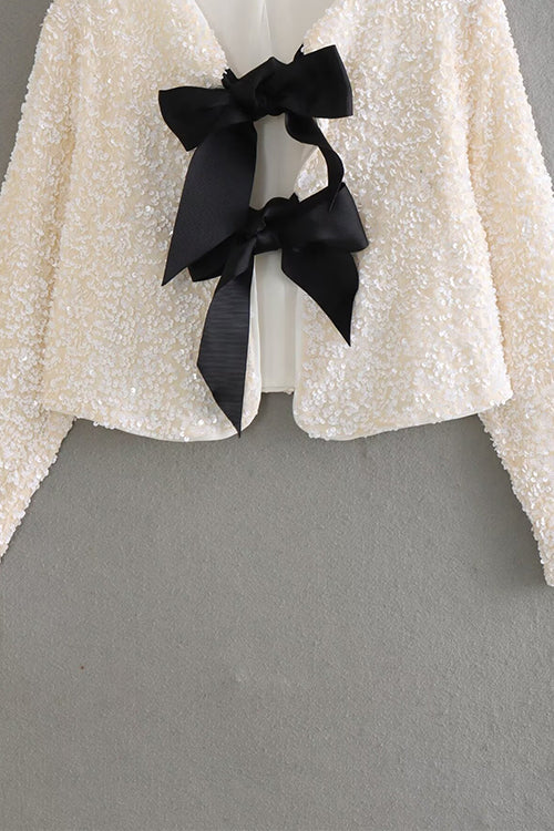 Margovil Long Sleeves Bow Detail Shiny Sequin Top