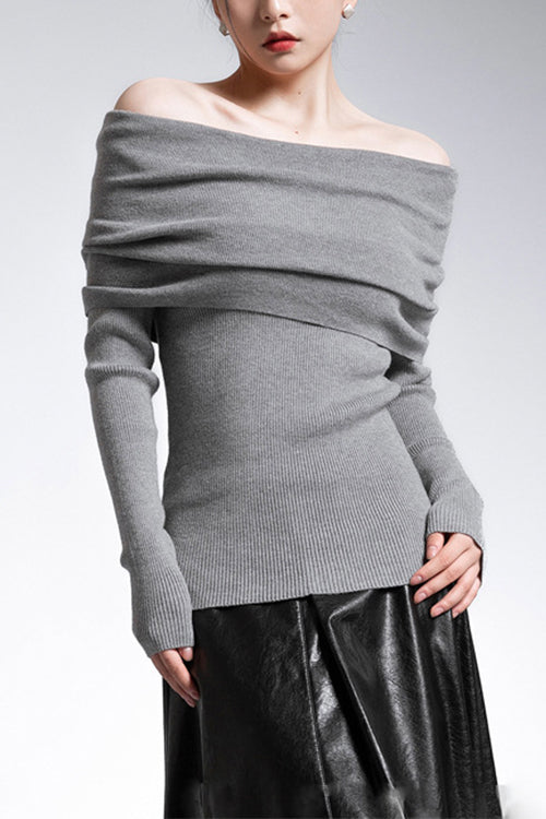 Margovil Off Shoulder Long Sleeves Ribbed Knit Sweater