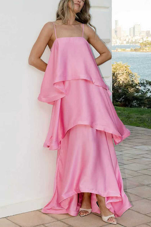 Margovil Adjustable Strap Ruffle Layered Satin Maxi Dress