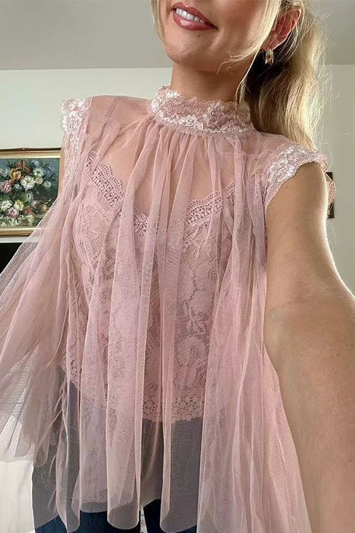 Solid Mockneck Tulle Cover Up Top with Crop Lace Camisole