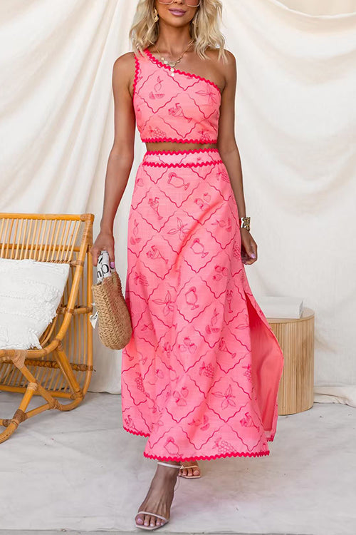 High Rise Printed Ric Rac Trim Maxi Skirt