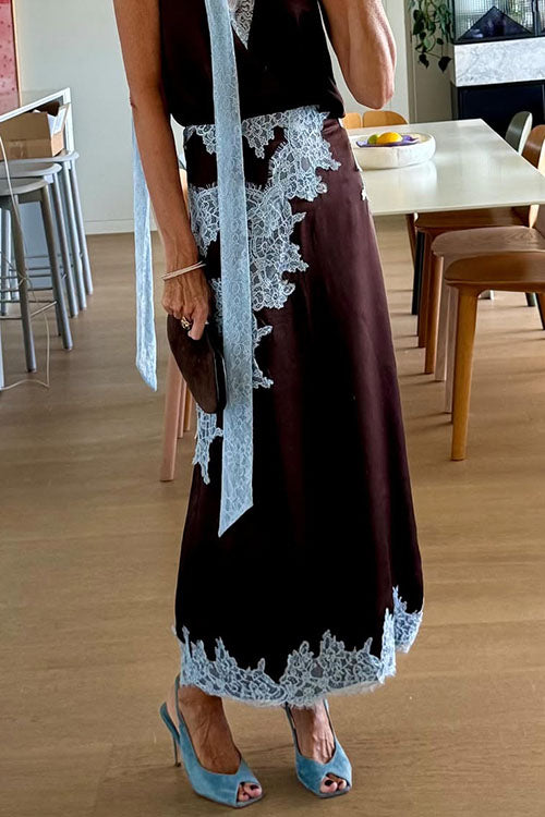 High Rise Lace Trim Satin Maxi Skirt