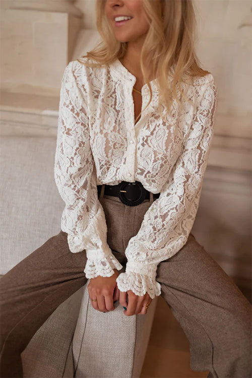 Margovil Ruffle Long Sleeves Button Up Lace Shirt