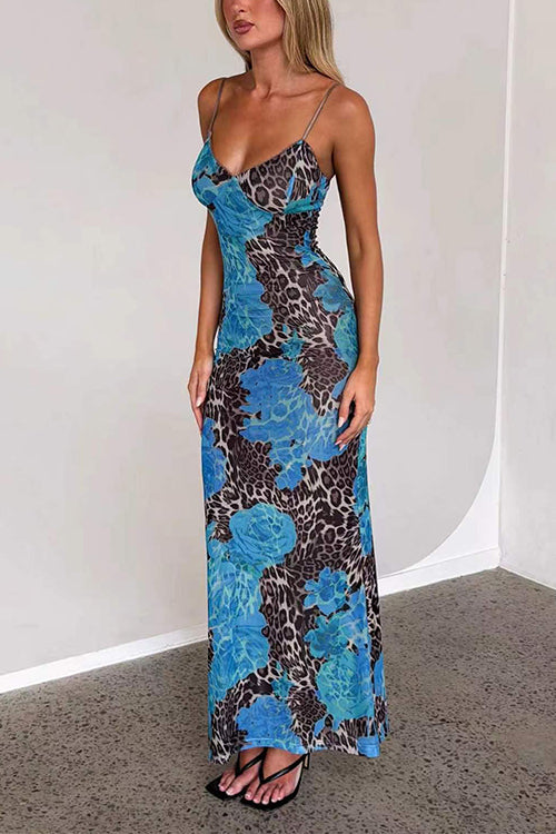Margovil V Neck Color Block Leopard Print Maxi Cami Dress