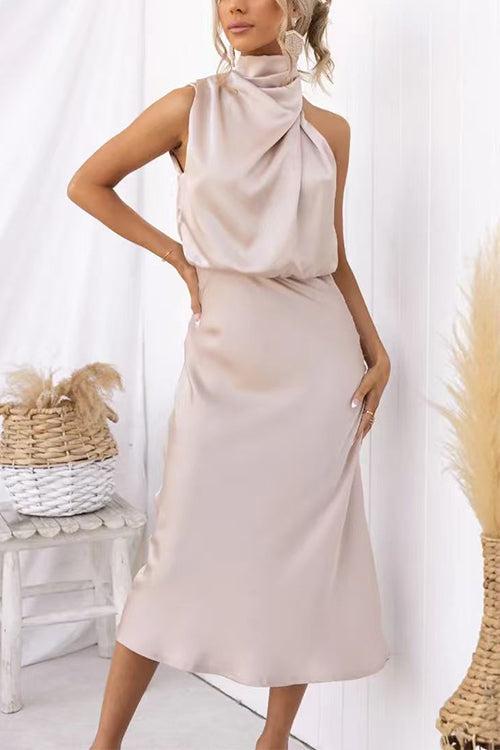 High Neck Sleeveless Waisted Satin Midi Dress