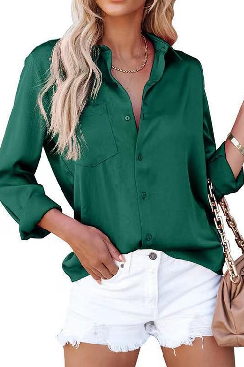 Margovil Lapel Long Sleeves Button Down Satin Shirt
