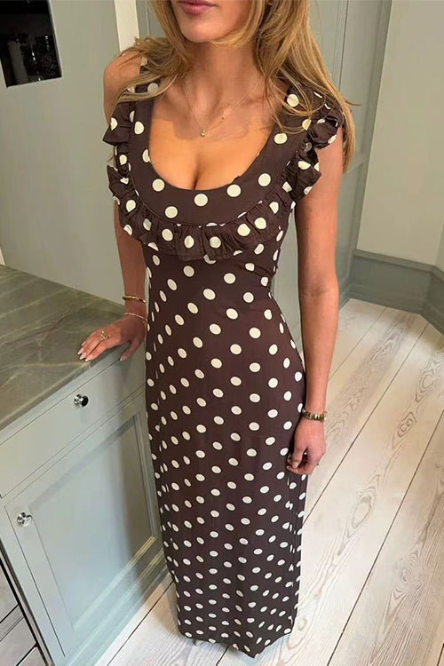 U Neck Ruffle Detail Polka Dot Maxi Dress