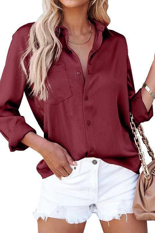 Margovil Lapel Long Sleeves Button Down Satin Shirt