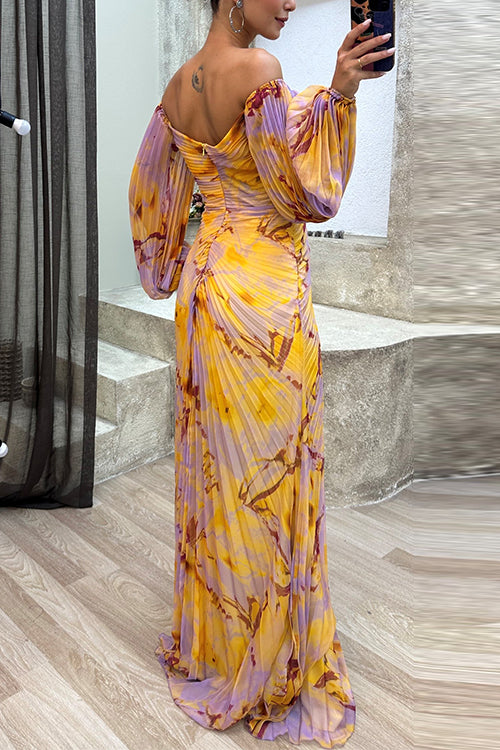 Margovil Off Shoulder Lantern Long Sleeves Printed Slit Pleated Maxi Dress