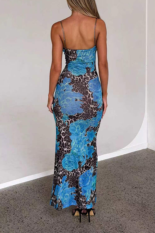 Margovil V Neck Color Block Leopard Print Maxi Cami Dress