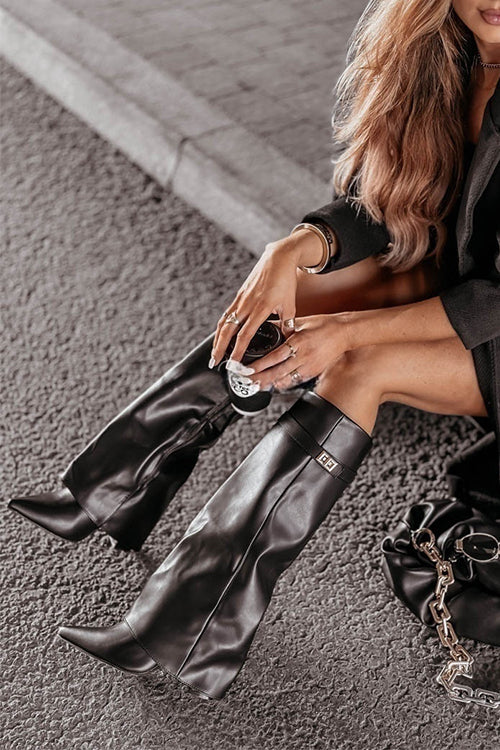 Margovil Pointed Toe Fold Over Chunky Block Zipper High Boots