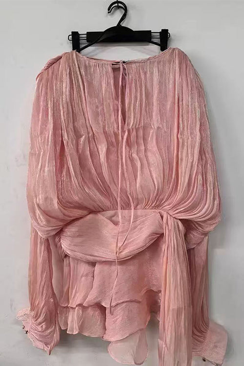 Margovil Lantern Long Sleeves Draped Ruffle Layered Mini Dress with Shorts