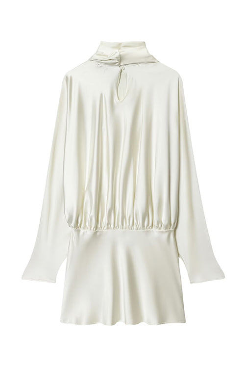Margovil High Neck Long Sleeves Satin Mini Dress with Scarf