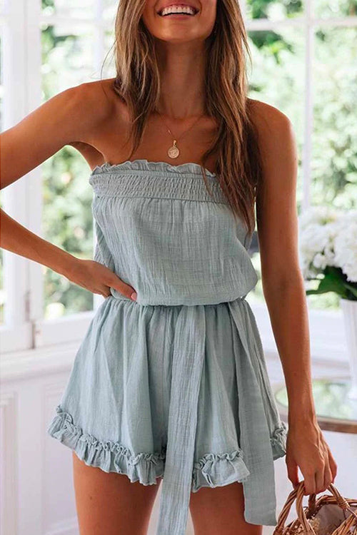 Margovil Off Shoulder Sleeveless Tie Waist Ruffle Romper