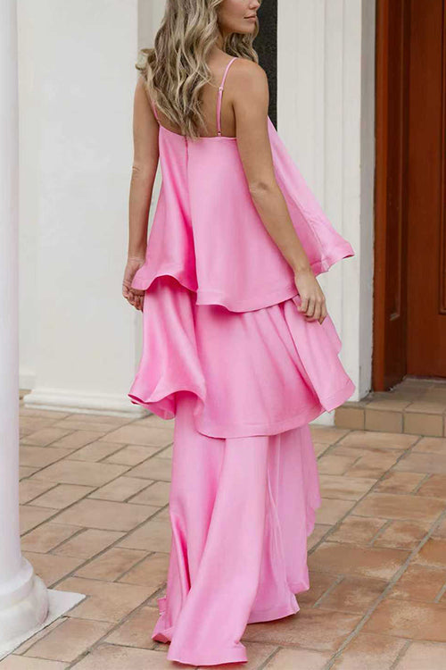 Margovil Adjustable Strap Ruffle Layered Satin Maxi Dress