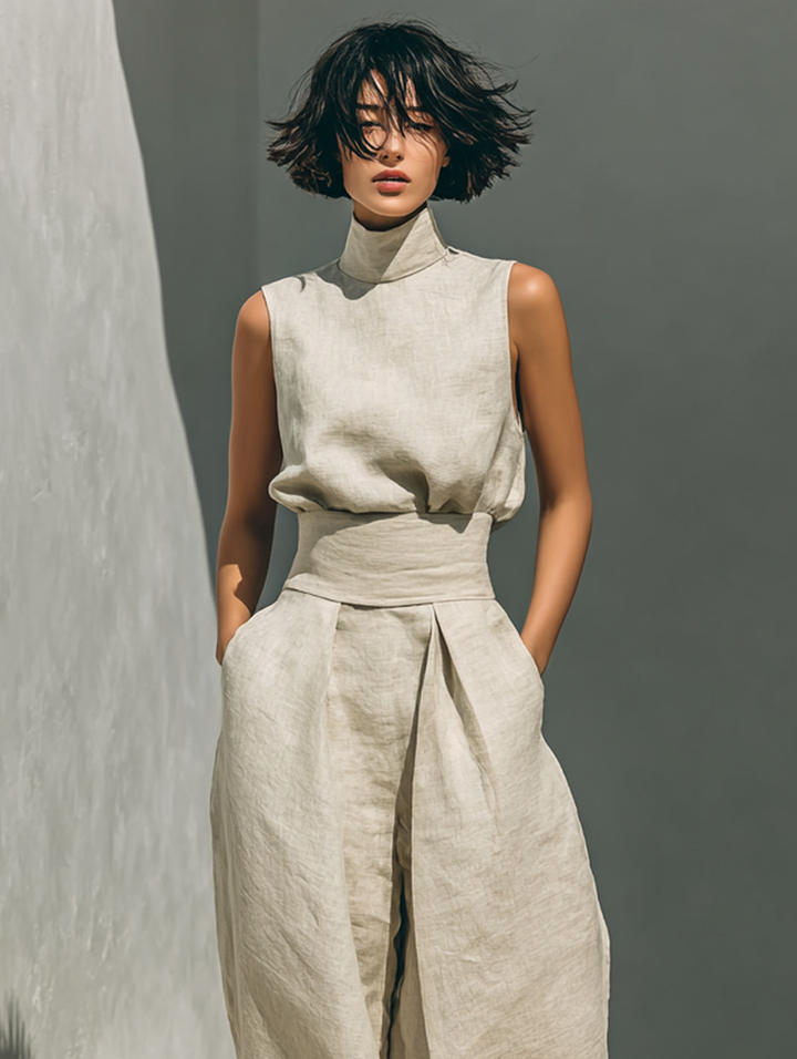 Women's Minimalist Cotton And Linen Blend Sleeveless Blouse And Wide-leg Pants Set MDZ0873A5Y
