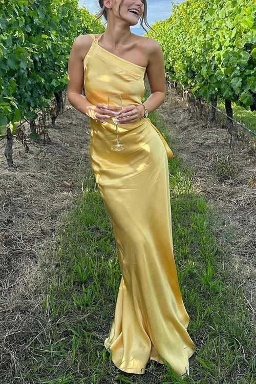 Margovil One Shoulder Open Back Tie Knot Satin Maxi Dress
