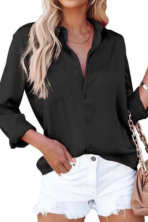 Margovil Lapel Long Sleeves Button Down Satin Shirt