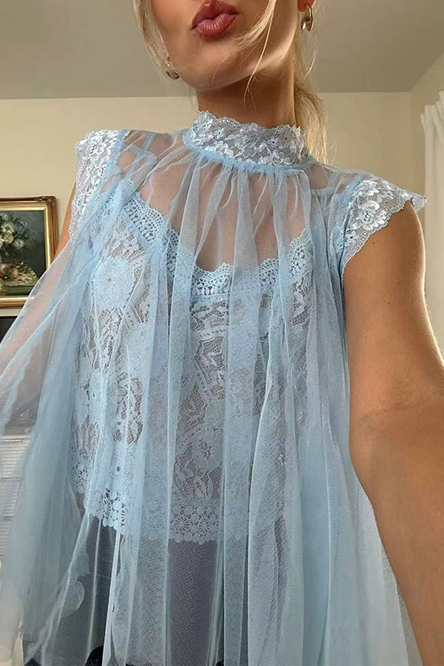 Solid Mockneck Tulle Cover Up Top with Crop Lace Camisole