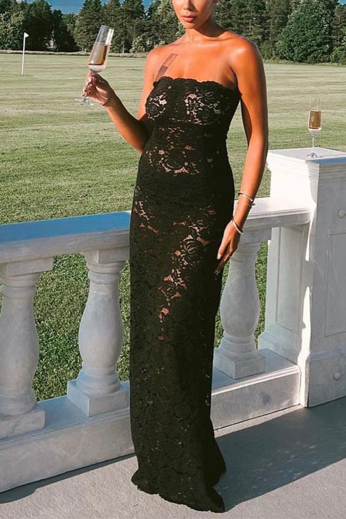 Margovil Strapless Lace Hollow Out Bodycon Maxi Dress