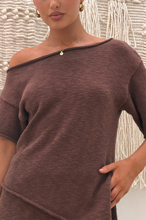 Chic Asymmetrical Shoulder Side Slit Knit Top