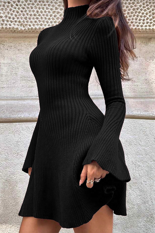 Margovil High Neck Long Sleeves Ribbed Knit Mini Sweater Dress