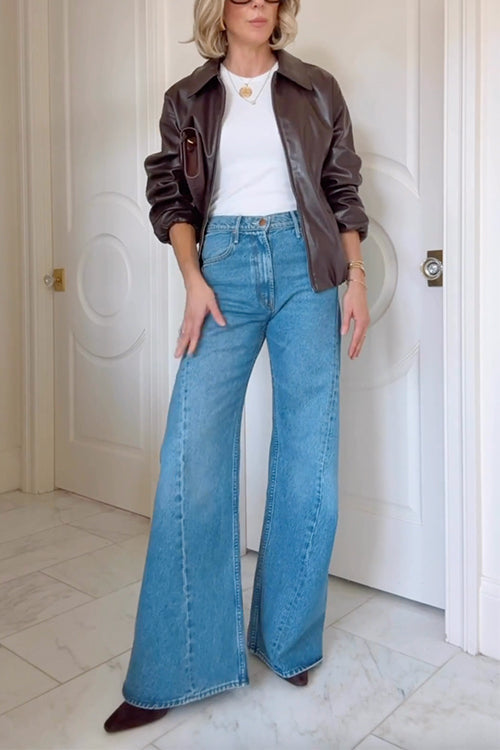 Margovil Lapel Zip Up Faux Leather Bomber Jacket