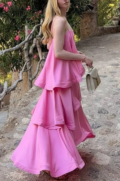 Margovil Adjustable Strap Ruffle Layered Satin Maxi Dress